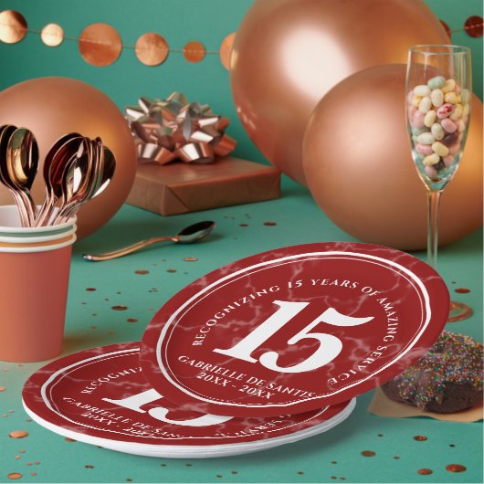Elegant Red Marble 15 jaar Jubileum Papieren Bordje (Multi)