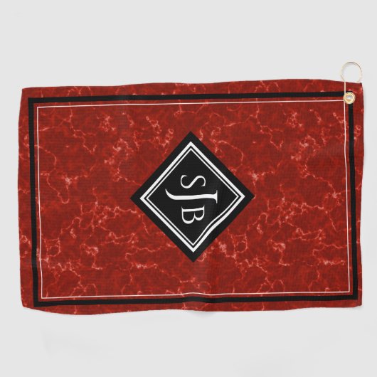 Elegant Red Marble Black Diamond Monogram Golfhanddoek (Horizontaal)
