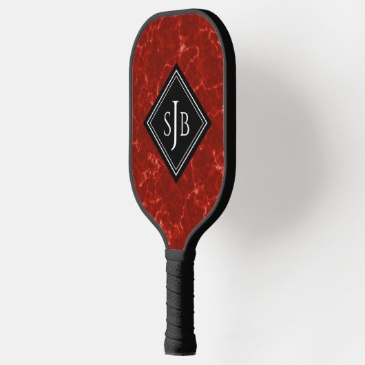 Elegant Red Marble Black Diamond Monogram Pickleball Paddle (Links)