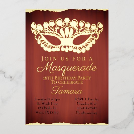Elegant Red Masquerade zestiende verjaardag Folie Uitnodiging (Voorkant)