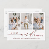 Elegant Red Merry & Bright 3 Foto Holiday Briefkaart (Voorkant / Achterkant)