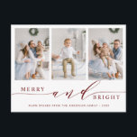 Elegant Red Merry & Bright 3 Foto Holiday Briefkaart<br><div class="desc">Eenvoudig en elegant vakantiefotobriefkaart. Voor meer geavanceerde aanpassing van dit ontwerp,  te klikken gelieve de Customize Verdere verbinding om de doopvont,  de grootte,  de kleur,  enz. te veranderen.</div>