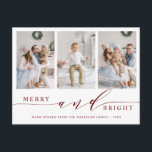 Elegant Red Merry & Bright 3 Foto Holiday Briefkaart<br><div class="desc">Eenvoudig en elegant vakantiefotobriefkaart. Voor meer geavanceerde aanpassing van dit ontwerp,  te klikken gelieve de Customize Verdere verbinding om de doopvont,  de grootte,  de kleur,  enz. te veranderen.</div>