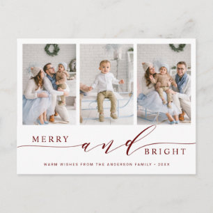 Elegant Red Merry & Bright 3 Foto Holiday Briefkaart