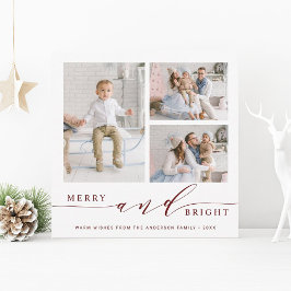 Elegant Red Merry & Bright 3 fotovierkant Feestdagenkaart