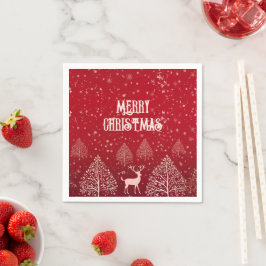 Elegant Red Merry Christmas Deer and Snowflake Servet