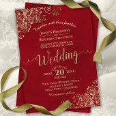 Elegant Red met Gold Frills & Calligraphy Wedding Kaart