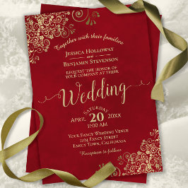 Elegant Red met Gold Frills & Calligraphy Wedding Kaart