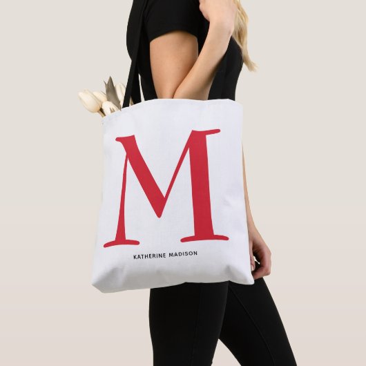 Elegant Red Monogram Naam Tote Bag (Dichtbij)