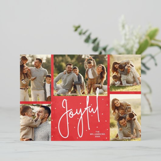 Elegant Red Multi Photo Joyful Silver Folie Feestdagenkaart (Staand Voorkant)