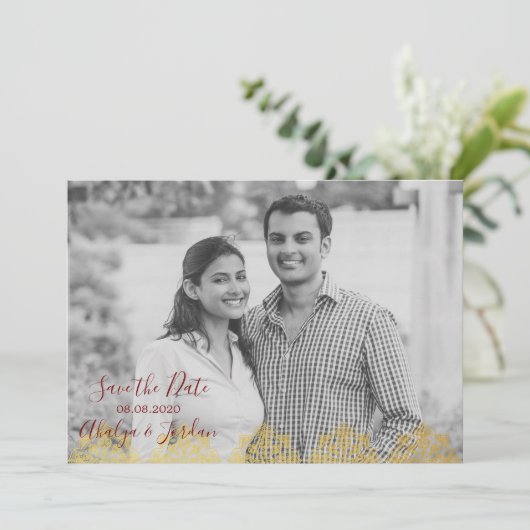 Elegant Red n Gold Ganesha & Mehndi Save the Date (Staand voorkant)