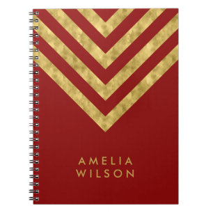 Elegant Red Name Faux Gold Chevron Pattern Notitieboek