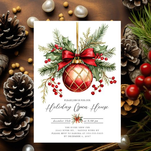 Elegant Red Ornament Holiday Open House Invite Kaart