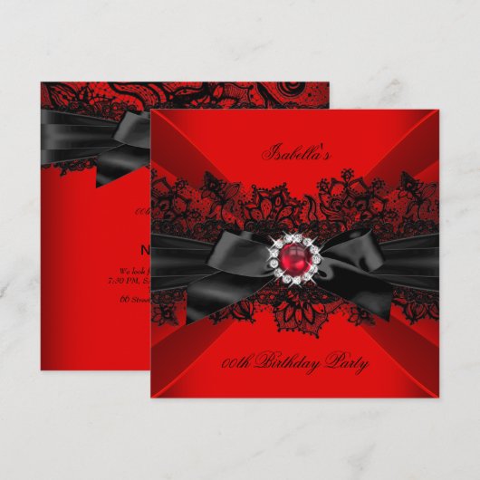Elegant Red Pearl Black Lace Bow Birthday Party Kaart (Voorkant / Achterkant)