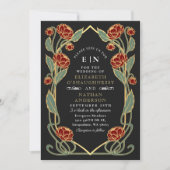 Elegant Red Peony Art Nouveau QR Code Wedding Kaart (Voorkant)