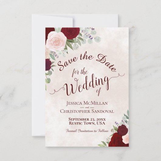 Elegant Red & Pink Boho Waterverf Rozen Weddenscha Save The Date (Voorkant)