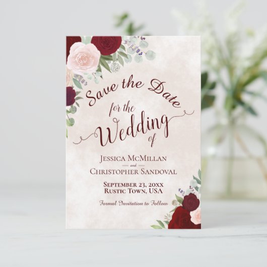 Elegant Red & Pink Boho Waterverf Rozen Weddenscha Save The Date (Staand voorkant)
