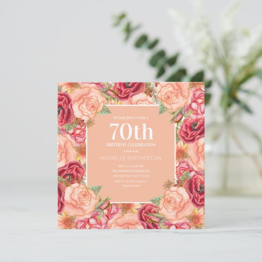 Elegant Red Pink Floral 70e verjaardag Vrouwen Kaart (Staand voorkant)