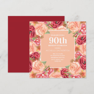 Elegant Red Pink Floral 90th Birthday Party Women Kaart