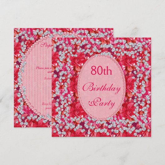 Elegant Red/Pink Floral & Diamonds 80e verjaardag Kaart (Voorkant / Achterkant)