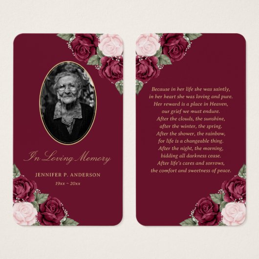 Elegant Red Pink Floral Funeral Prayer Kaart (Voorkant /achterkant)