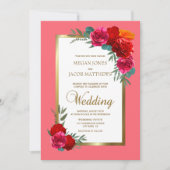 Elegant Red Pink Gold Floral Wedding Kaart (Voorkant)