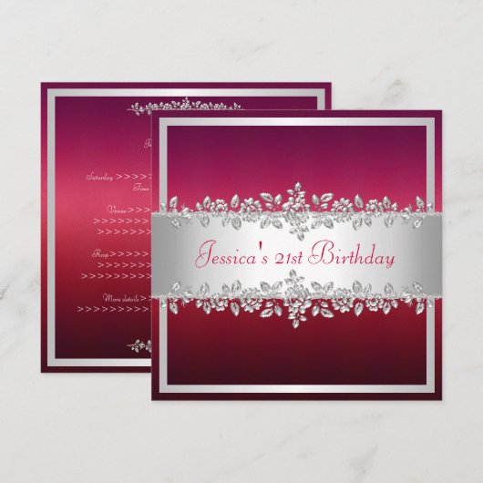 Elegant Red Pink Silver Rozen Birthday Party Kaart (Voorkant / Achterkant)