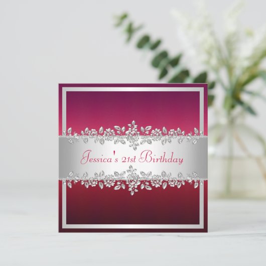Elegant Red Pink Silver Rozen Birthday Party Kaart (Staand voorkant)