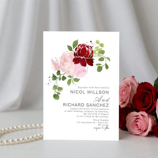 Elegant Red & Pink Summer Floral Wedding  Kaart