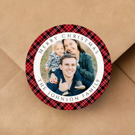 Elegant Red Plaid Photo Christmas Ronde Sticker
