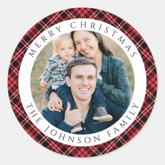 Elegant Red Plaid Photo Christmas Ronde Sticker (Voorkant)