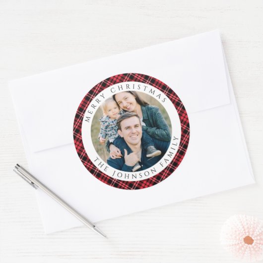 Elegant Red Plaid Photo Christmas Ronde Sticker (Envelop)