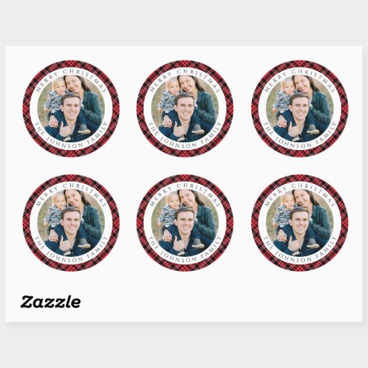 Elegant Red Plaid Photo Christmas Ronde Sticker (Vel)