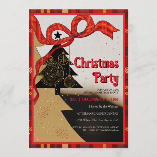 Elegant Red Plaid Ribbon Christmas Party  Kaart (Voorkant)
