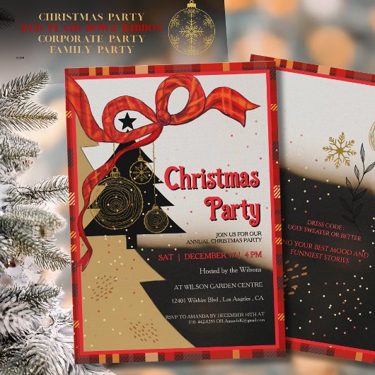 Elegant Red Plaid Ribbon Christmas Party  Kaart