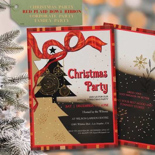 Elegant Red Plaid Ribbon Christmas Party  Kaart