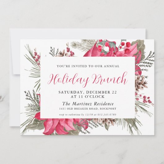 Elegant Red Poinsettia Botanical Holiday Brunch Kaart (Voorkant)