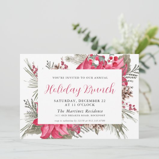 Elegant Red Poinsettia Botanical Holiday Brunch Kaart (Staand voorkant)