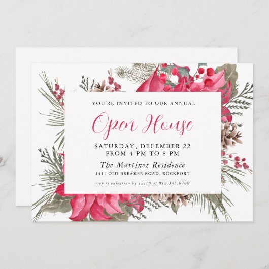 Elegant Red Poinsettia Botanical Open House Kaart (Voorkant / Achterkant)