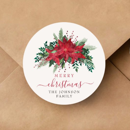 Elegant Red Poinsettia Christmas  Ronde Sticker
