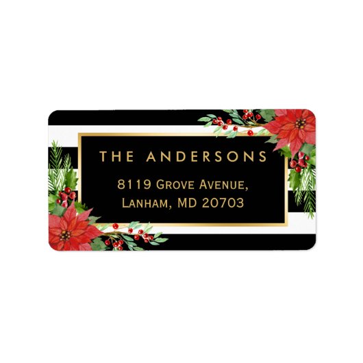 Elegant Red Poinsettia Floral Gold Lijst Holiday Etiket (Voorkant)