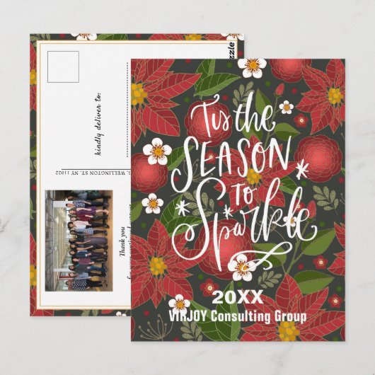 Elegant Red Poinsettia Floral Green Photo Business Briefkaart (Voorkant / Achterkant)