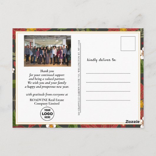 Elegant Red Poinsettia Floral Green Photo Business Briefkaart (Achterkant)