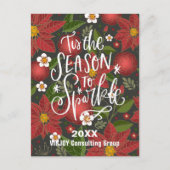 Elegant Red Poinsettia Floral Green Photo Business Briefkaart (Voorkant)