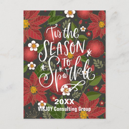 Elegant Red Poinsettia Floral Green Photo Business Briefkaart (Voorkant)