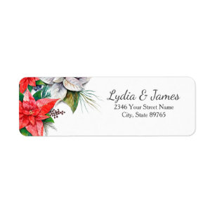 Elegant Red Poinsettia Floral Holly Return Address Etiket