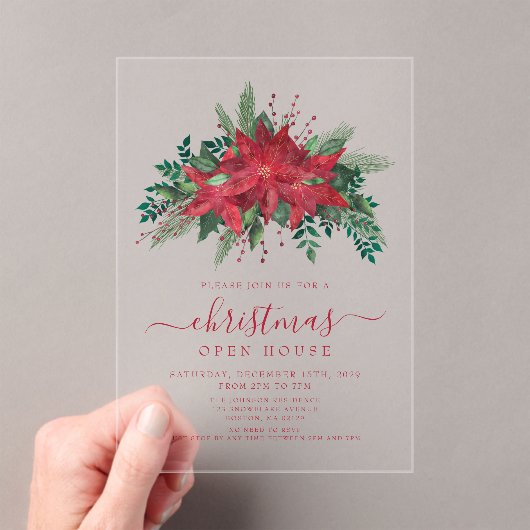 Elegant Red Poinsettia Floral kerst Open House Acryl Uitnodigingen (Insitu (Draagbaar))