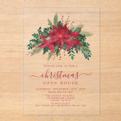 Elegant Red Poinsettia Floral kerst Open House Acryl Uitnodigingen (Voorkant)