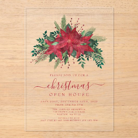 Elegant Red Poinsettia Floral kerst Open House Acryl Uitnodigingen (Voorkant)