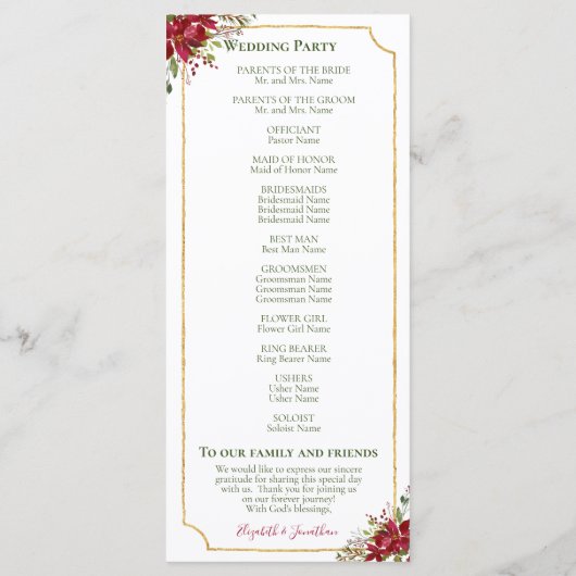 Elegant Red Poinsettia Floral kerstbruiloft Programmakaart (Achterkant)